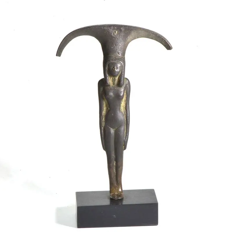 18th Dynasty Bronze Mirror Handle Featuring a Nude Female Figure