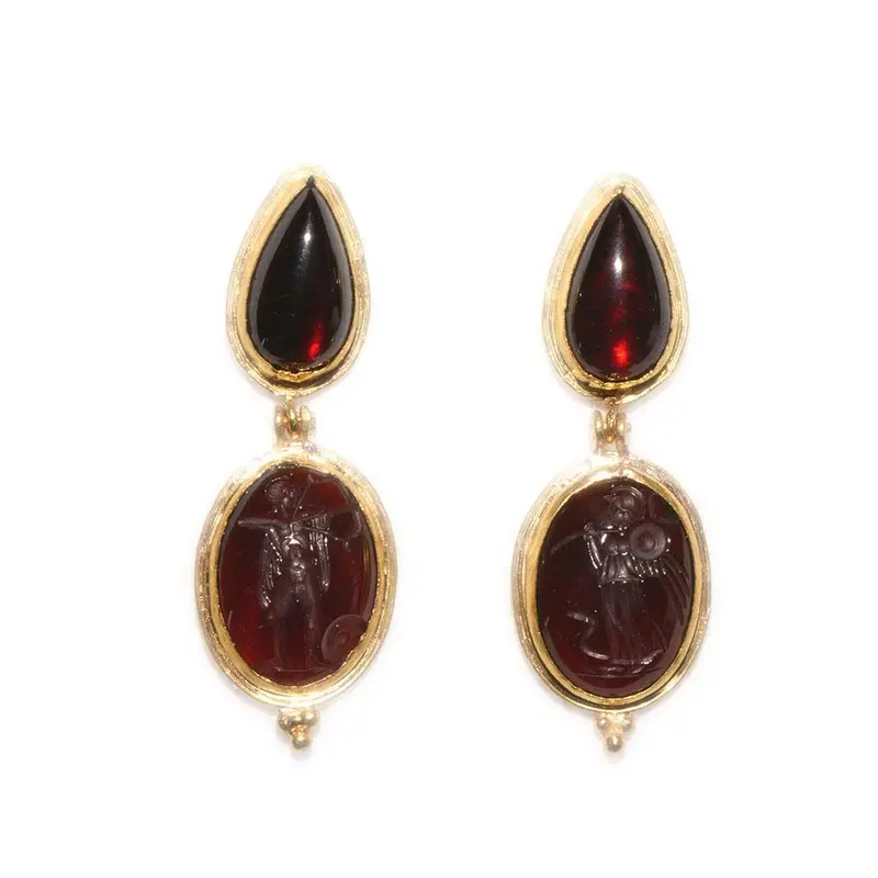 19th-Century Greek Revival Gold Earrings with Garnet Intaglios