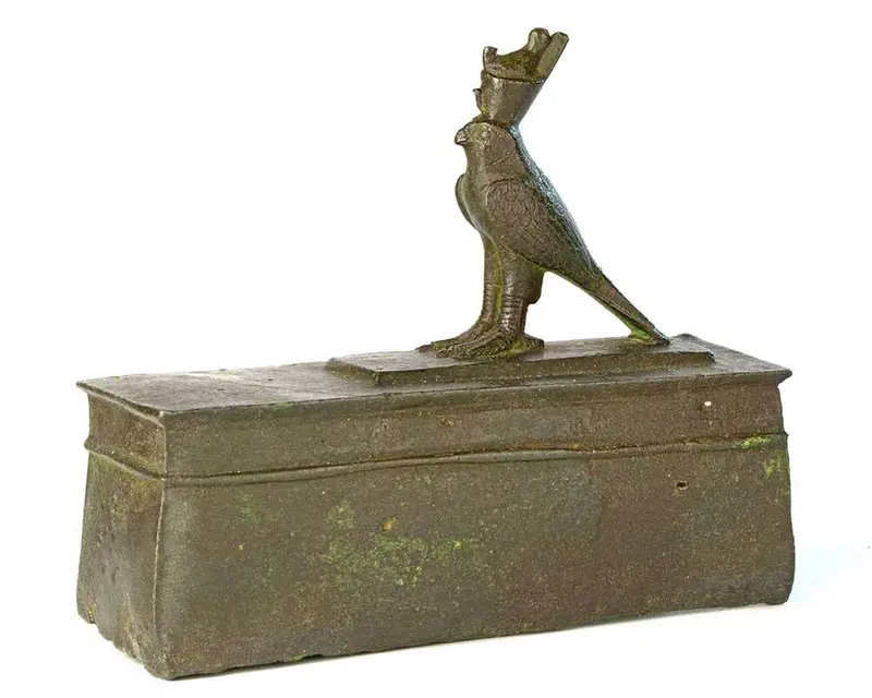 26th Dynasty Bronze Horus Falcon Adorning a Sarcophagus