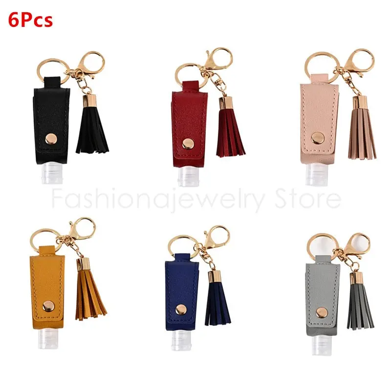 6-Pack 30ml Leakproof Travel Bottles – Portable Sanitizer Containers with Leather Keychain & Tassel Accents