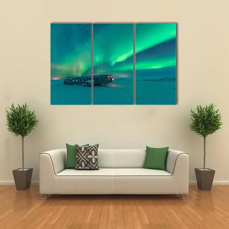 Abandoned Plane Wreck Under Northern Lights Canvas Art
