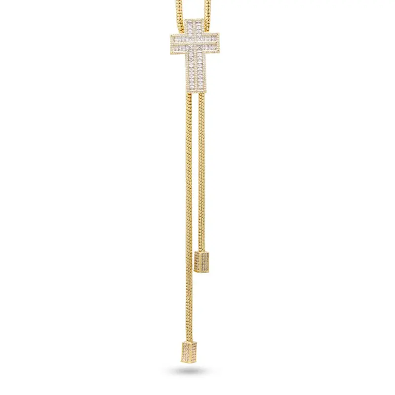 Baguette-Cut Cross Bolo Tie Pendant Necklace