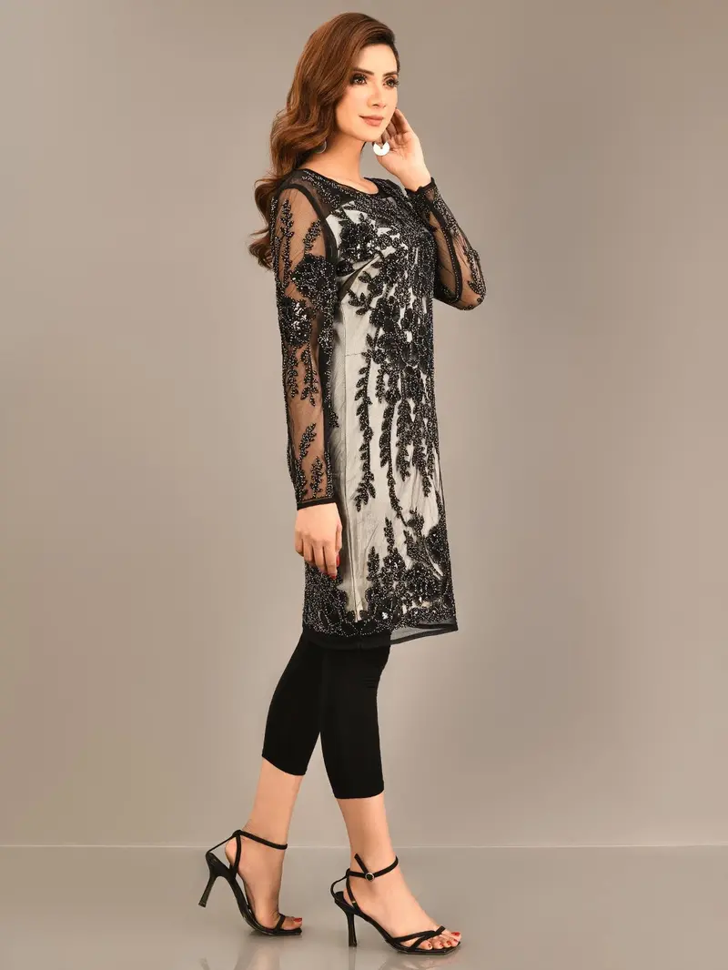 Beaded Sheer Net Evening Dress