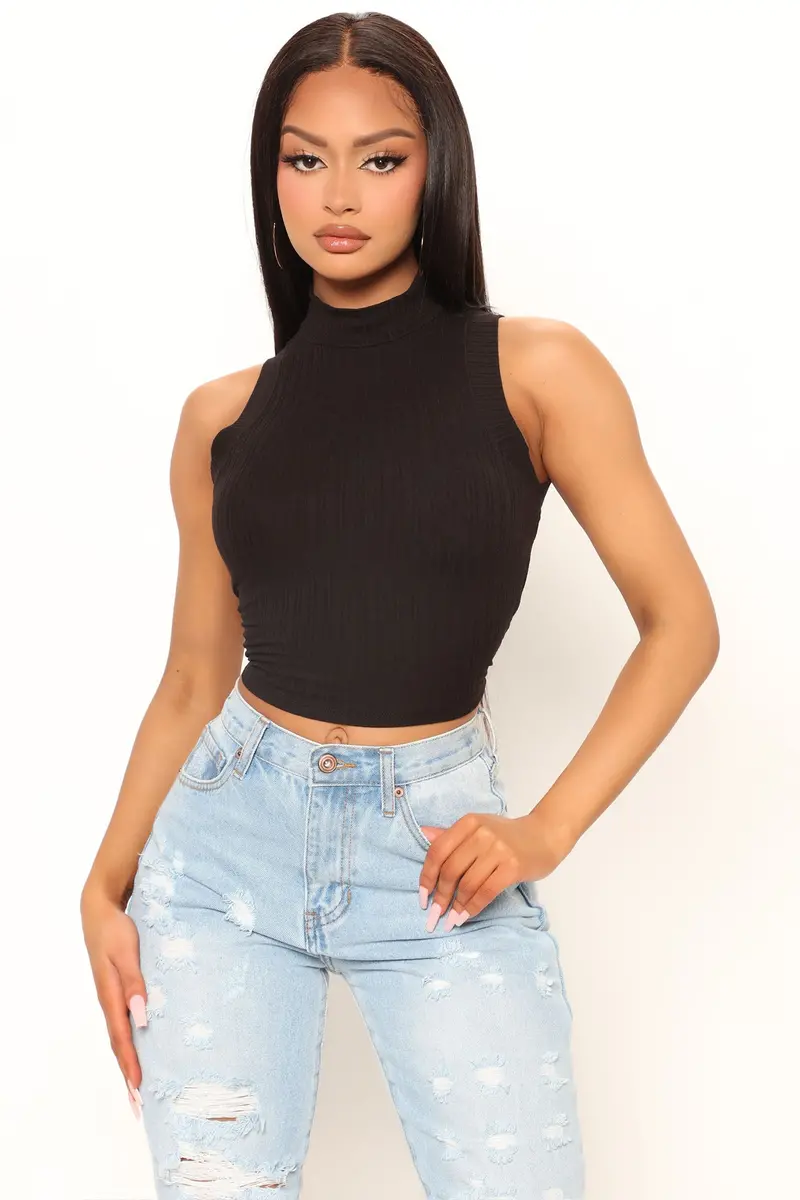 Black Maya Mock Neck Cropped Tank