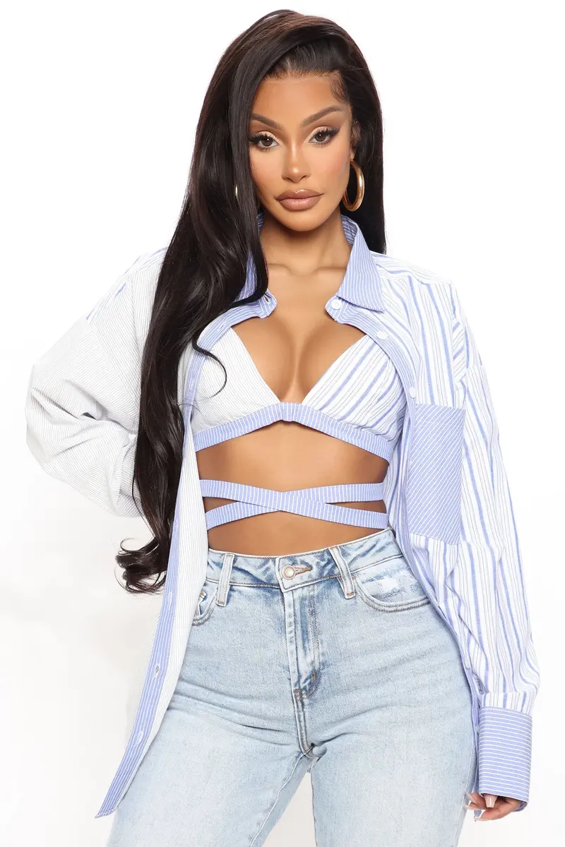 Blue and White Two-Piece Striped Top Set
