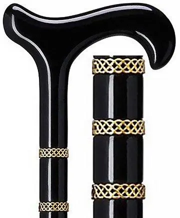 Braided Gold-and-Black Derby Cane with Black Beechwood Shaft and Dual Gold Collar – Discounted