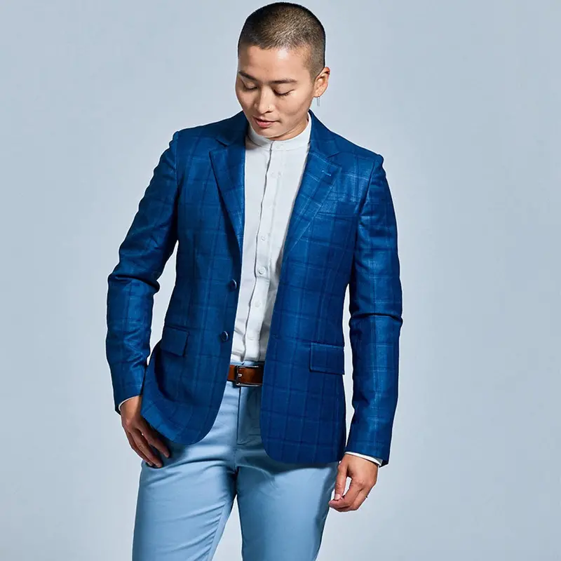 Classic Blue Plaid Wool-Blend Blazer