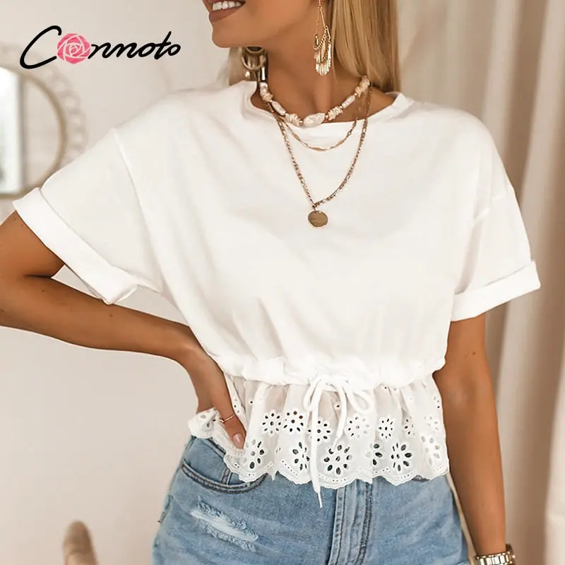 Conmoto Women’s Casual Cotton T-Shirt – Ruffled O-Neck Top with Drawstring Waist for Effortless Summer Style