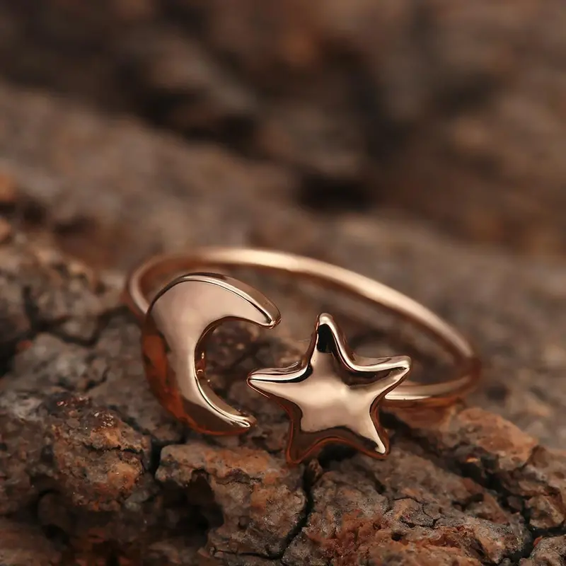 Crescent Moon and Star Adjustable Ring – Celestial Minimalist Jewelry