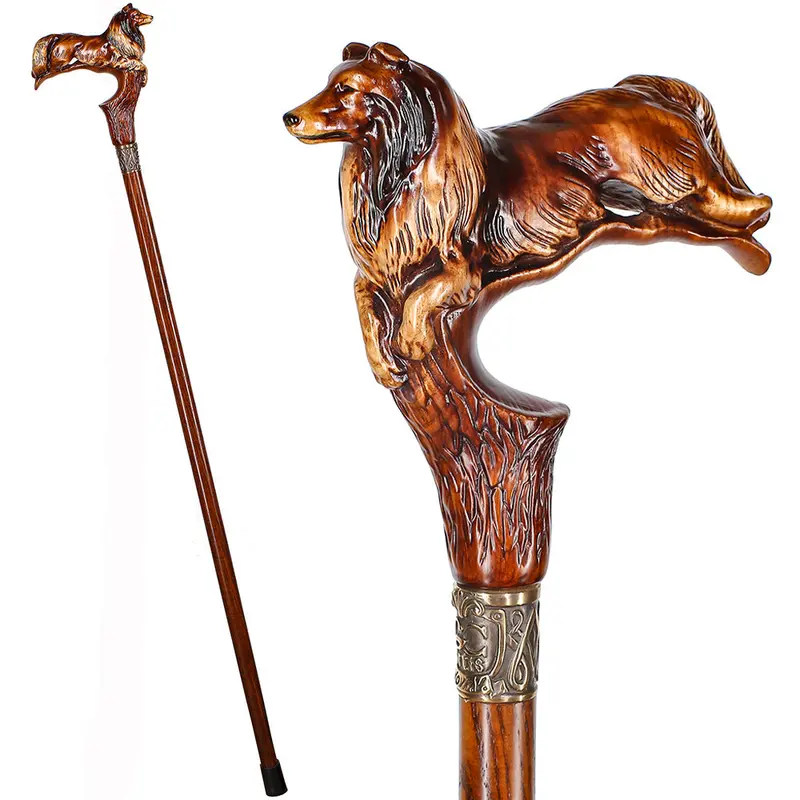Elegant Collie Dog Carved Walking Stick