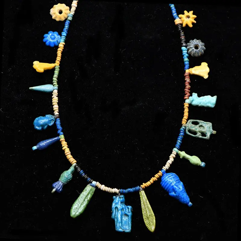 Exhibited Amarna Period Egyptian Faience Necklace with Beads and Amulets, c. 1353–1336 BCE