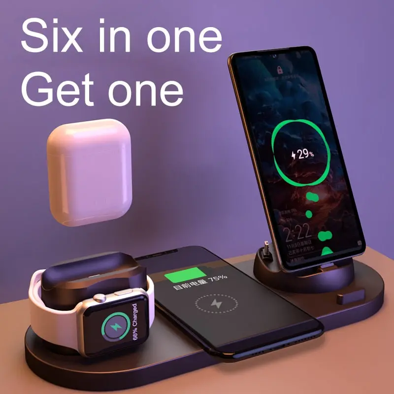 EXPUNKN 6-in-1 Qi Wireless Charging Station – Fast 10W Stand Dock for iPhone, Apple Watch, AirPods, and More