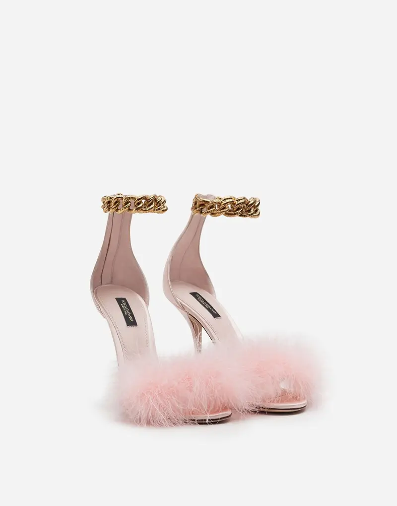 Feather-Adorned Marabou Sandals with Delicate Chain Detailing
