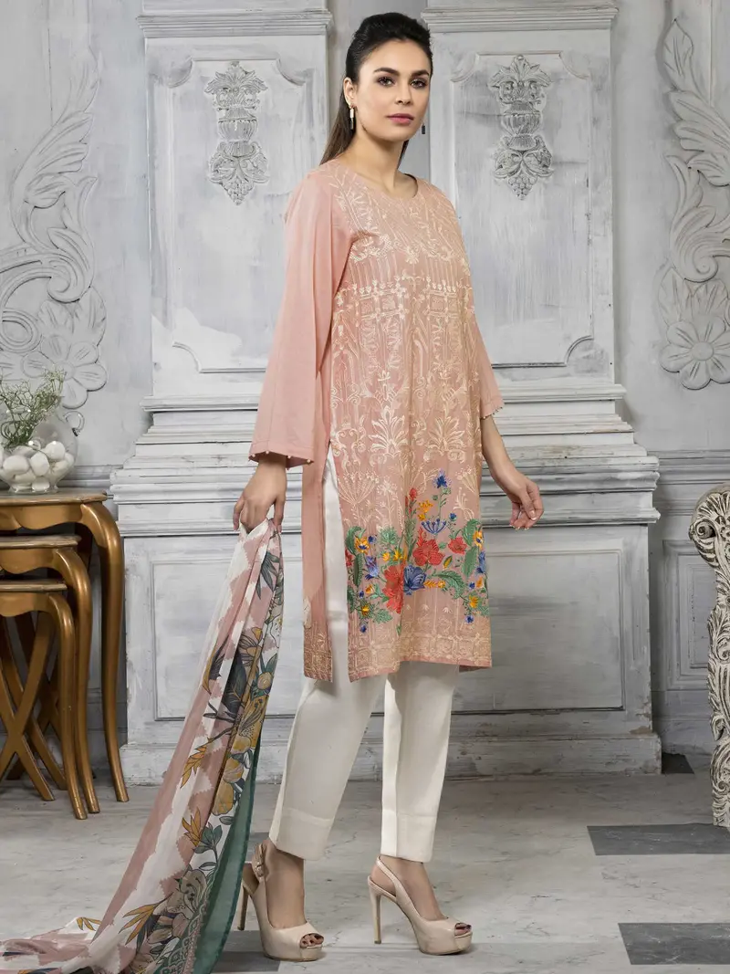 Floral Two-Piece Embroidered Lawn Suit – Peach