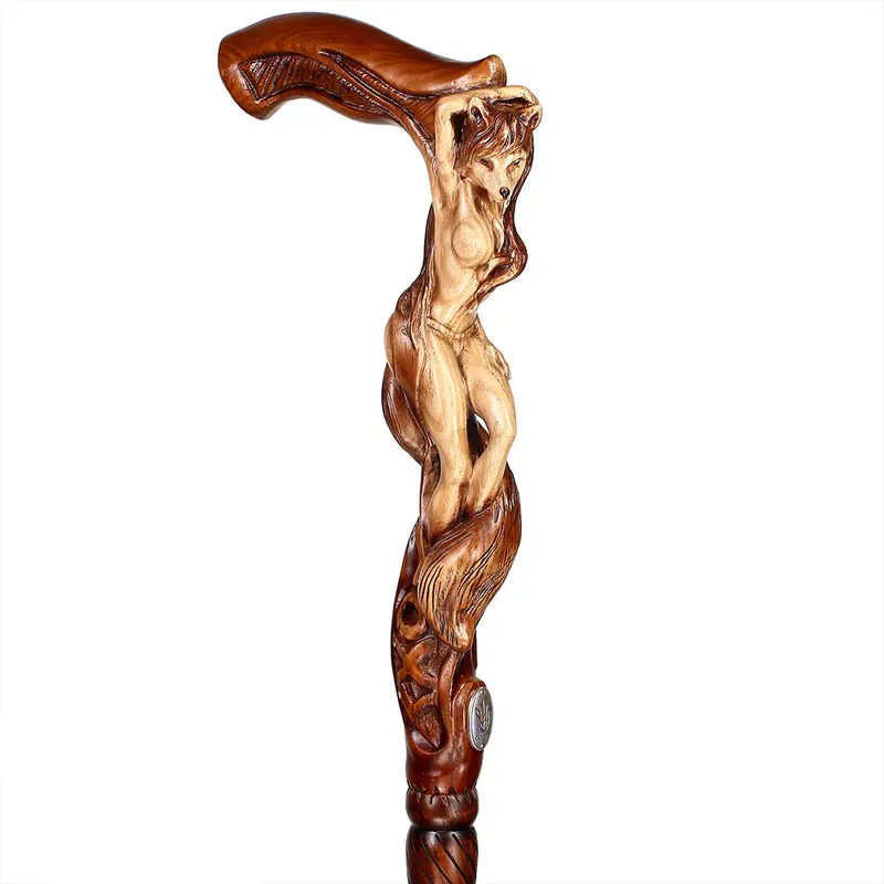 Foxy Girl Sculptural Handcarved Wooden Walking Cane