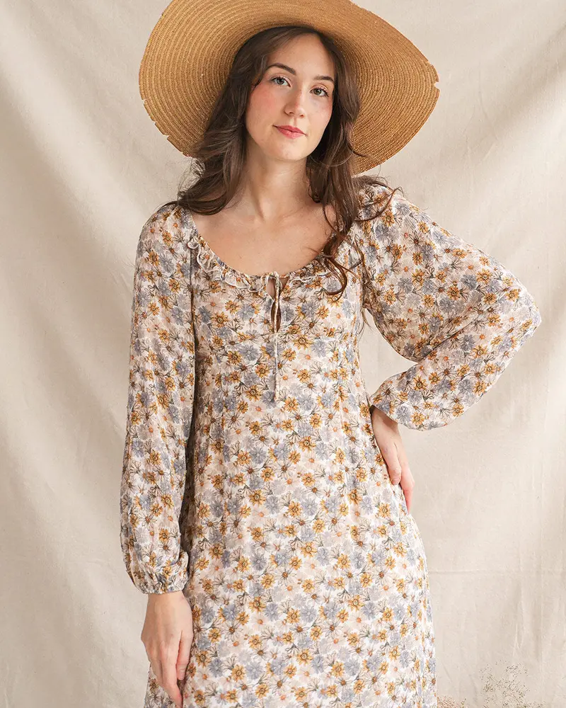 Gathered Field Midi Dress with Smocked Waist