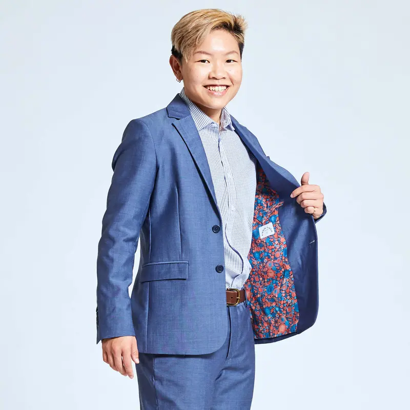 Georgie Slate Blue Blazer with Lisa Congdon Lining – Minimalist Button Detail