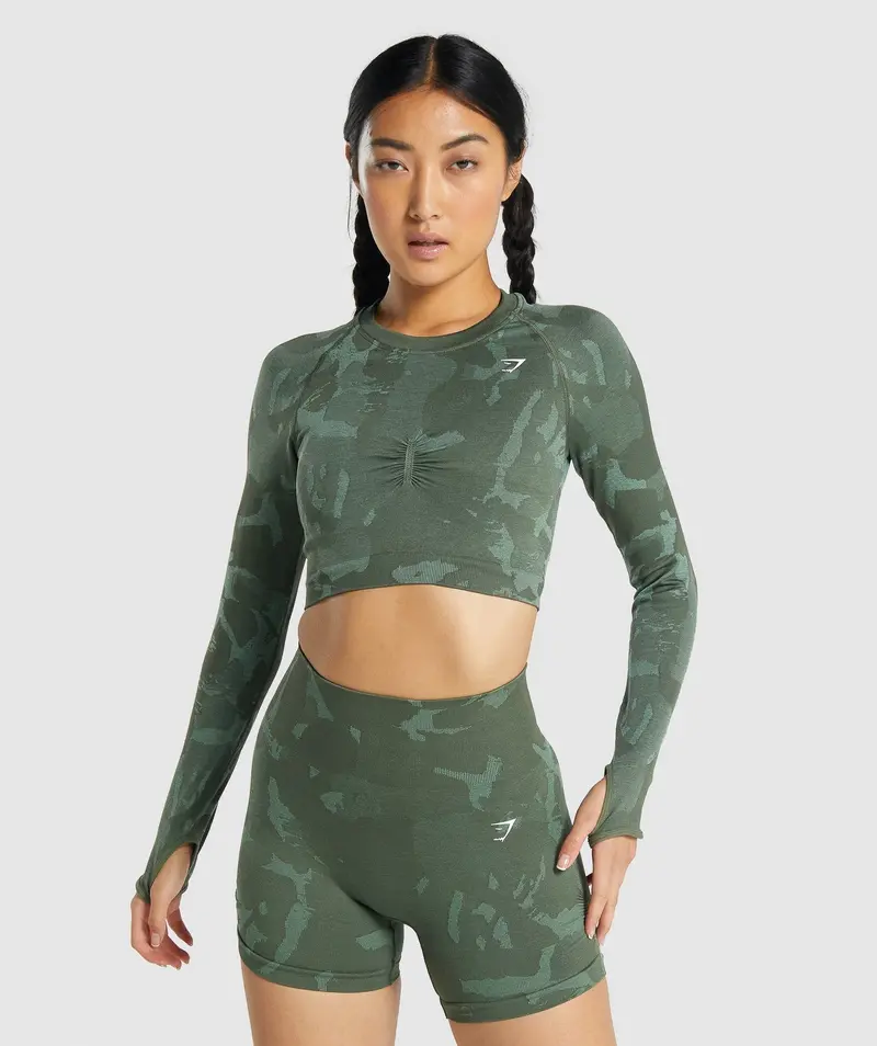 Gymshark Adapt Camo Seamless Long-Sleeve Crop Top in Savanna & Green