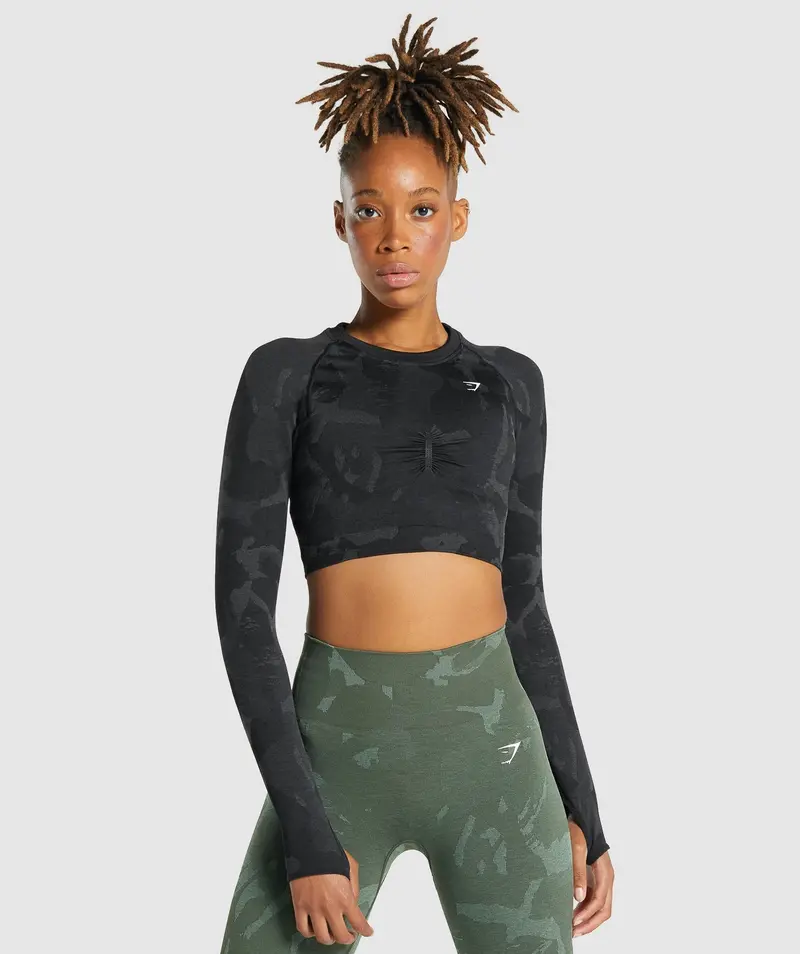 Gymshark Adapt Camo Seamless Long Sleeve Crop Top – Savanna & Black