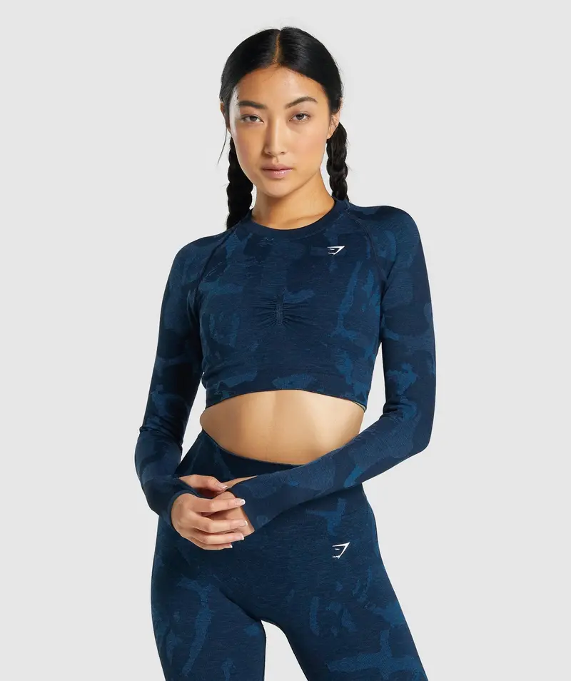 Gymshark Adapt Camo Seamless Long-Sleeve Crop Top – Savanna Navy