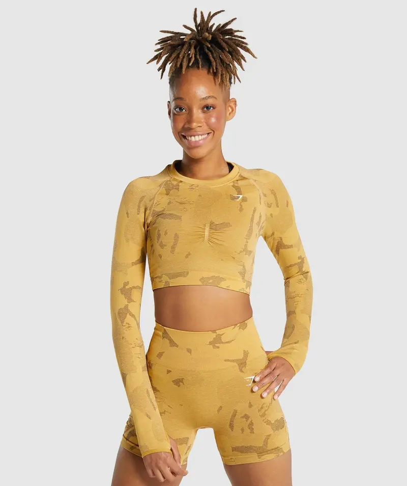 Gymshark Adapt Camo Seamless Long-Sleeve Cropped Top – Savanna Yellow