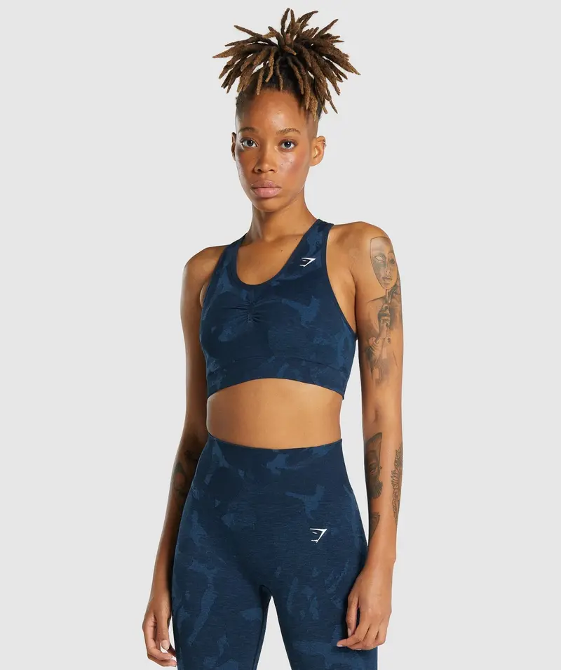 Gymshark Adapt Camo Seamless Racerback Sports Bra in Savanna & Navy