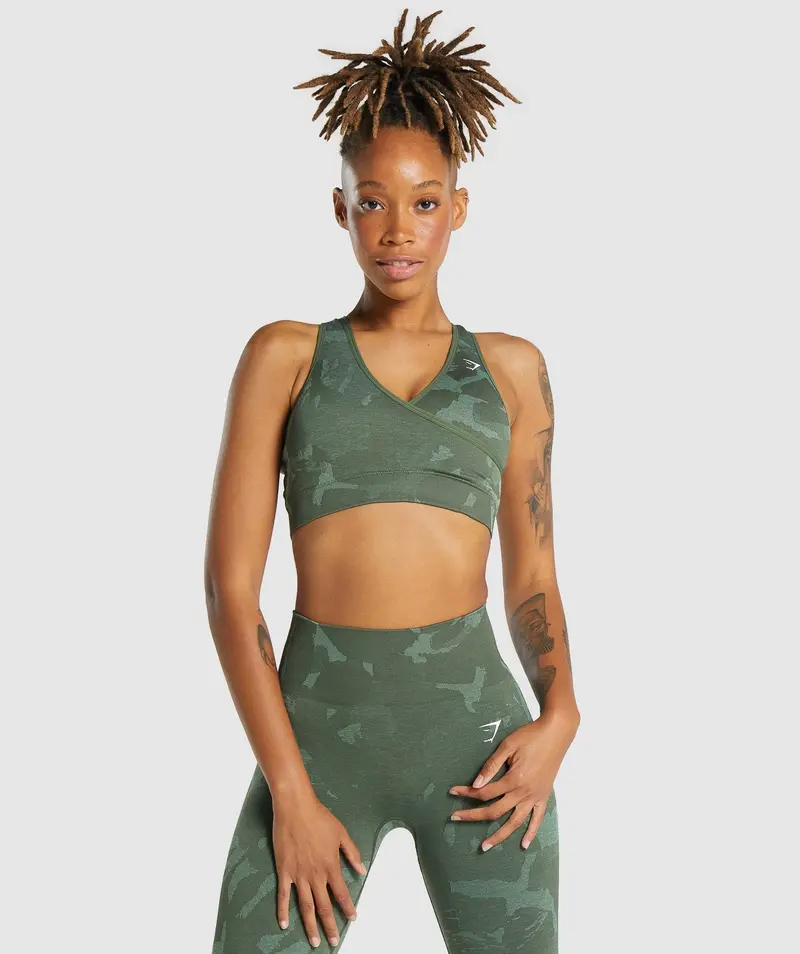 Gymshark Adapt Camo Seamless Sports Bra in Savanna & Green