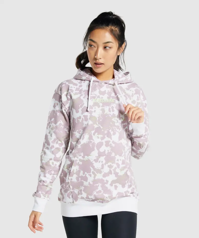 Gymshark Camo Graphic Oversized Hoodie – White Base with Purple Print