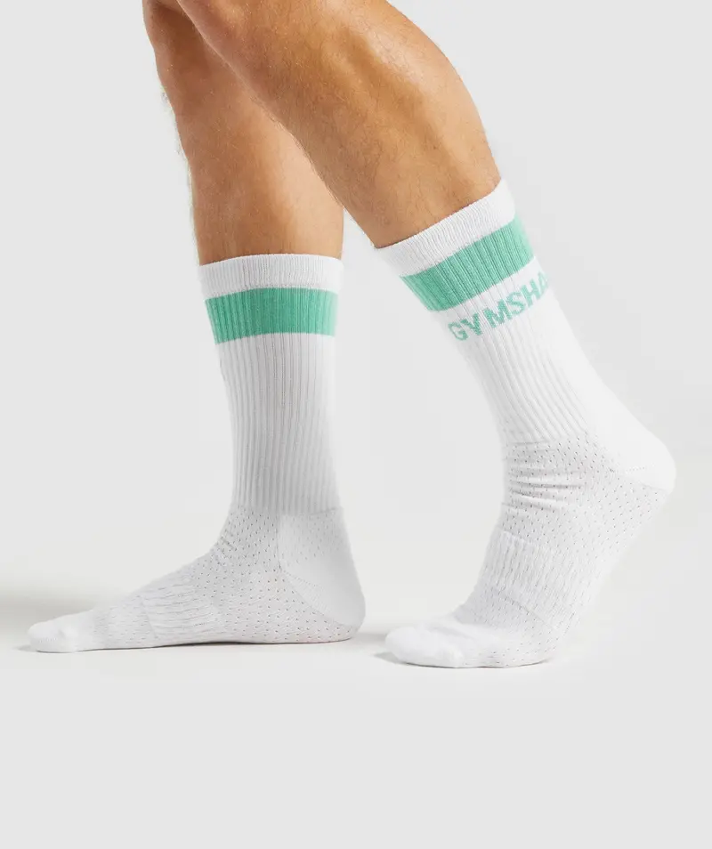 Gymshark Premium Logo Crew Socks (1 Pair) – White & Light Green
