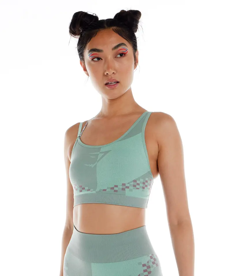 Gymshark Wtflex Cyborg Seamless Sports Bra in Maya Blue, Hibiscus Pink & Turbo Blue