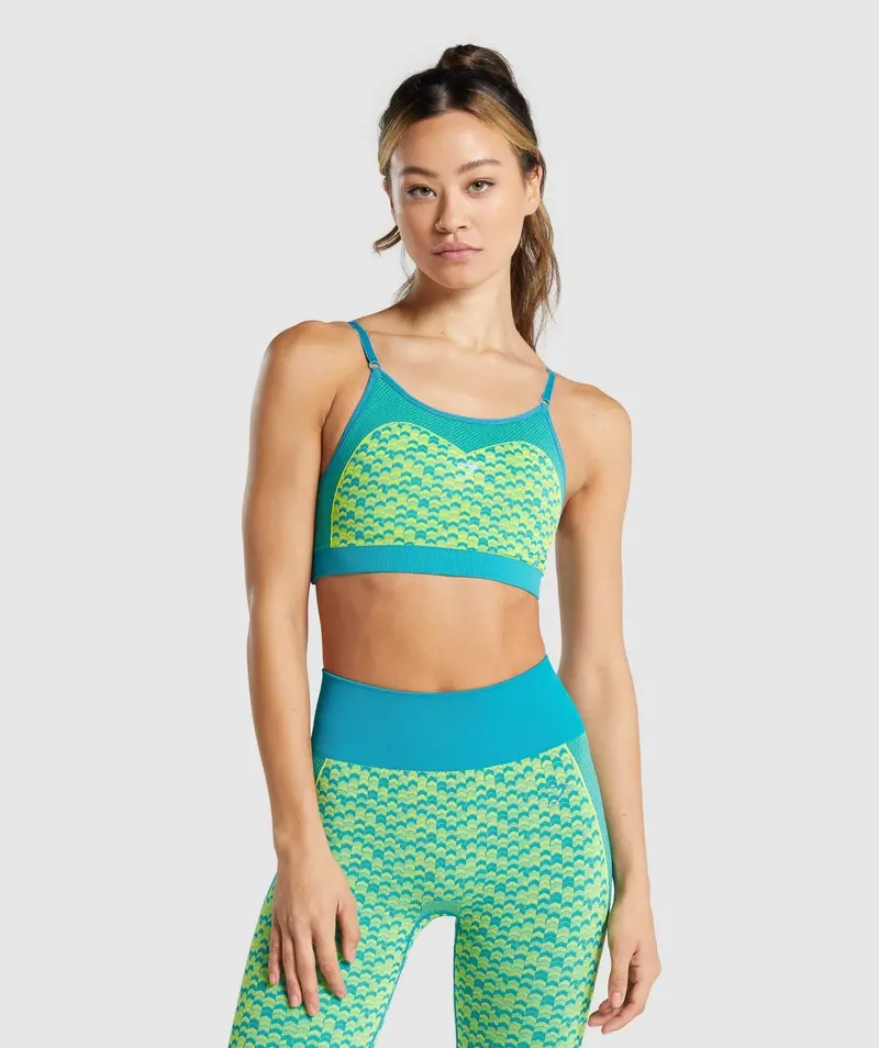 Gymshark WTFlex Seamless Strappy Sports Bra – Chevron Print in Blue