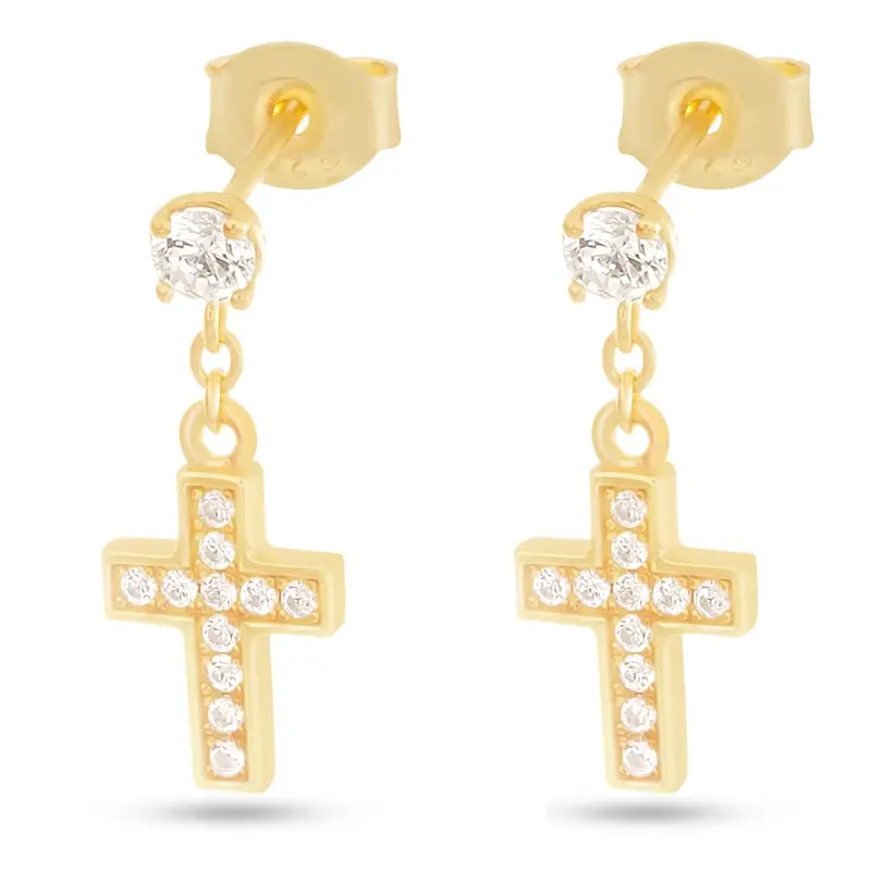 Iced-Out Brilliant-Cut Cross Drop Earrings – Full CZ Coverage