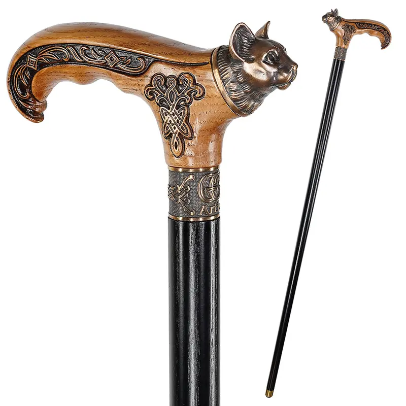 Kitty Head Bronze-and-Wood Handcarved Walking Cane