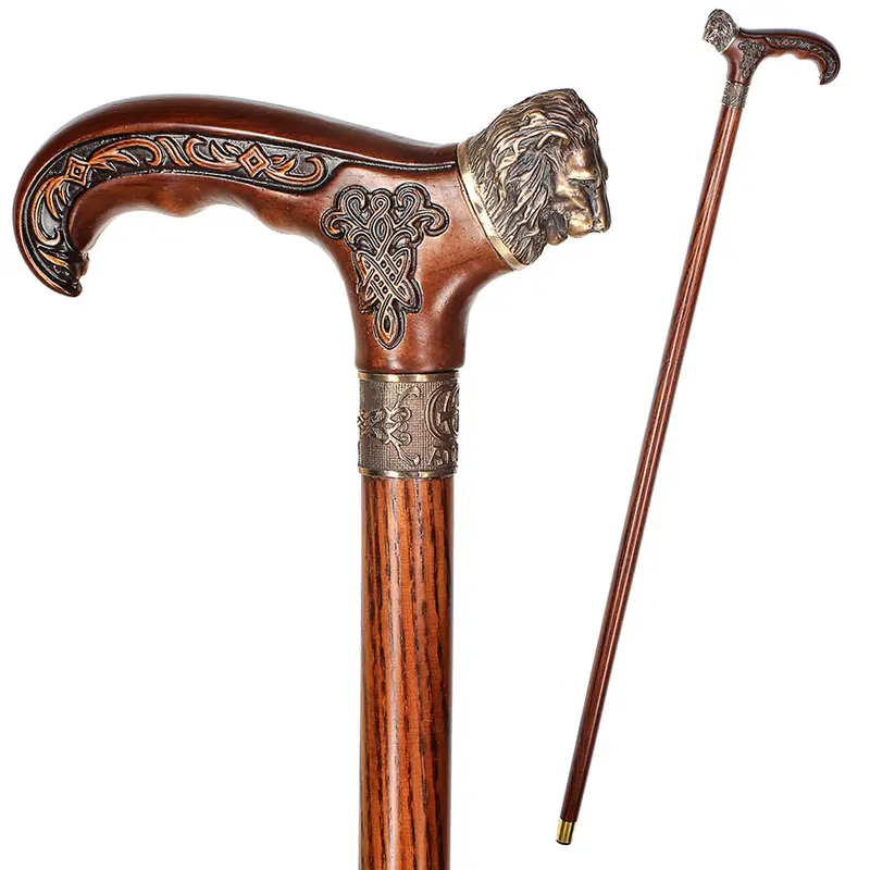 Lion Head Bronze-and-Wood Handcarved Walking Cane