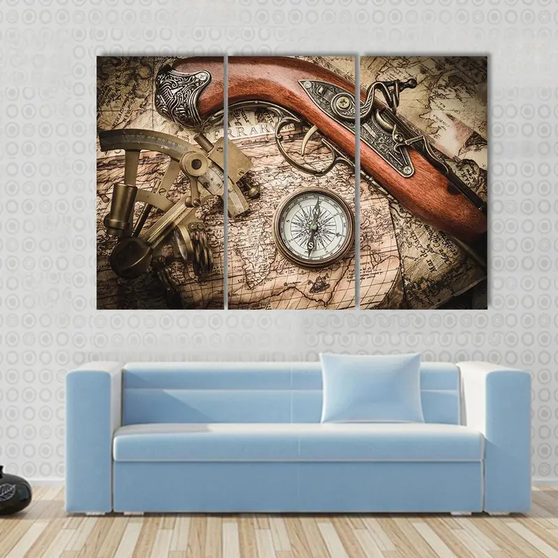Nautical Still Life with Compass, Sextant & Spyglass Canvas Art