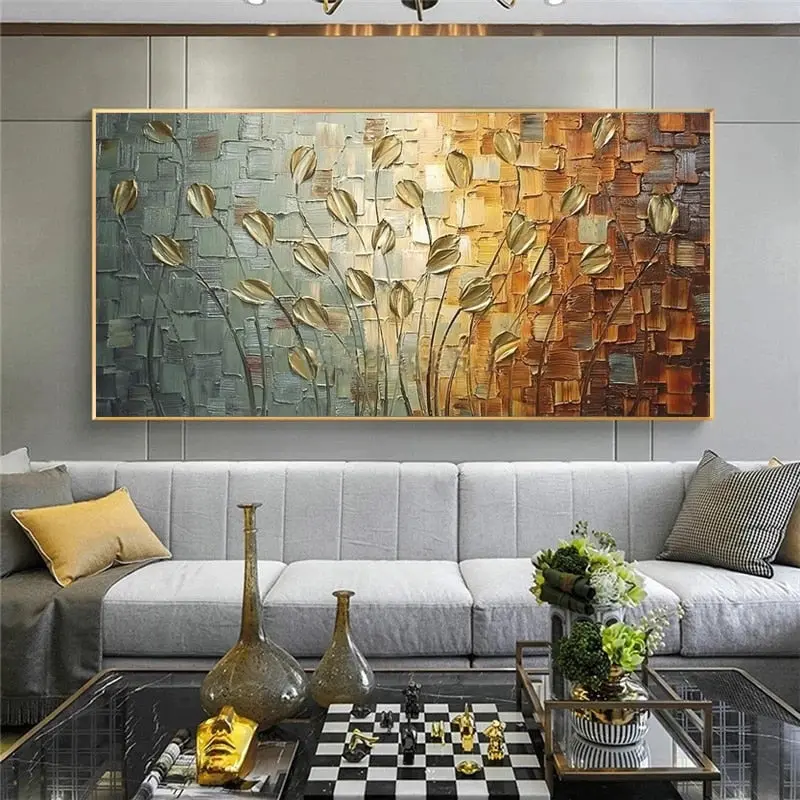 Nordic Abstract Canvas Wall Art – Hand-Styled Floral and Leaf Oil Painting Prints for Living Room and Home Decor
