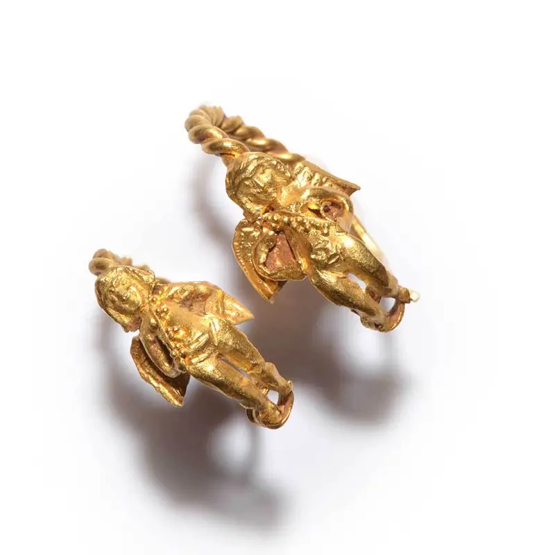 Pair of Hellenistic Gold Earrings Featuring Figural Eros Motifs, 4th–3rd Century BCE