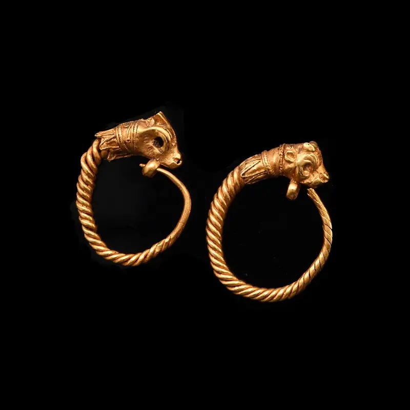 Pair of Hellenistic Greek Antelope Motif Earrings, 3rd–1st Century BCE