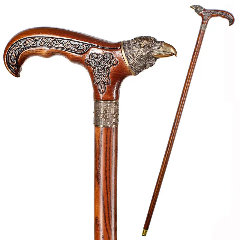 Raven Head Bronze-and-Wood Artisan Carved Walking Cane