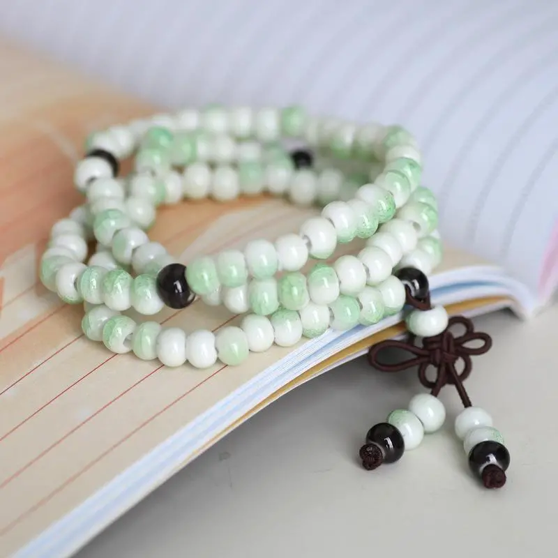 Rhodonite 108-Bead Ceramic Mala Wrist Bracelet