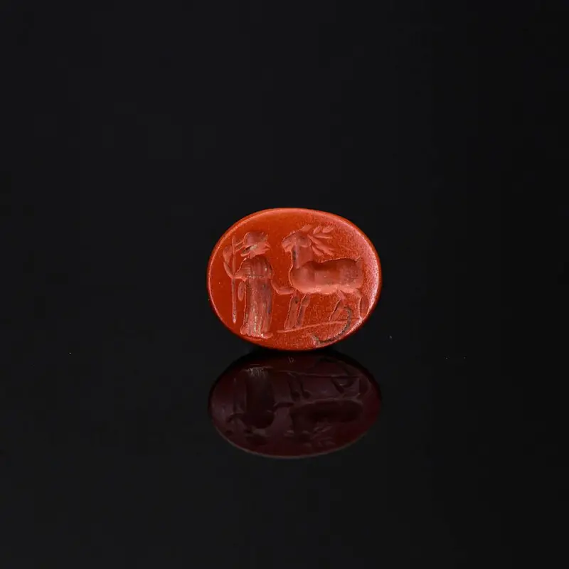 Roman Red Jasper Intaglio Depicting Diana and Stag, 1st–3rd Century CE