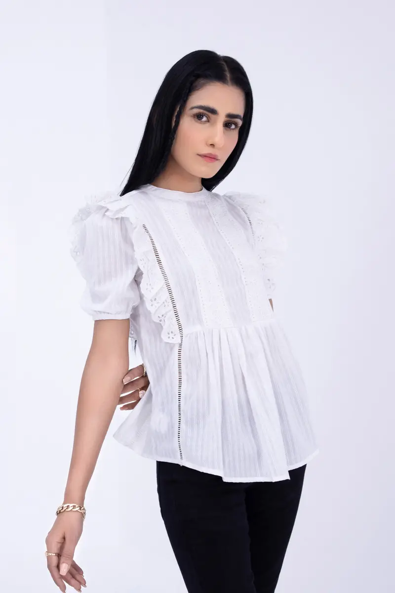 Ruffled Embroidered Short-Sleeve Top