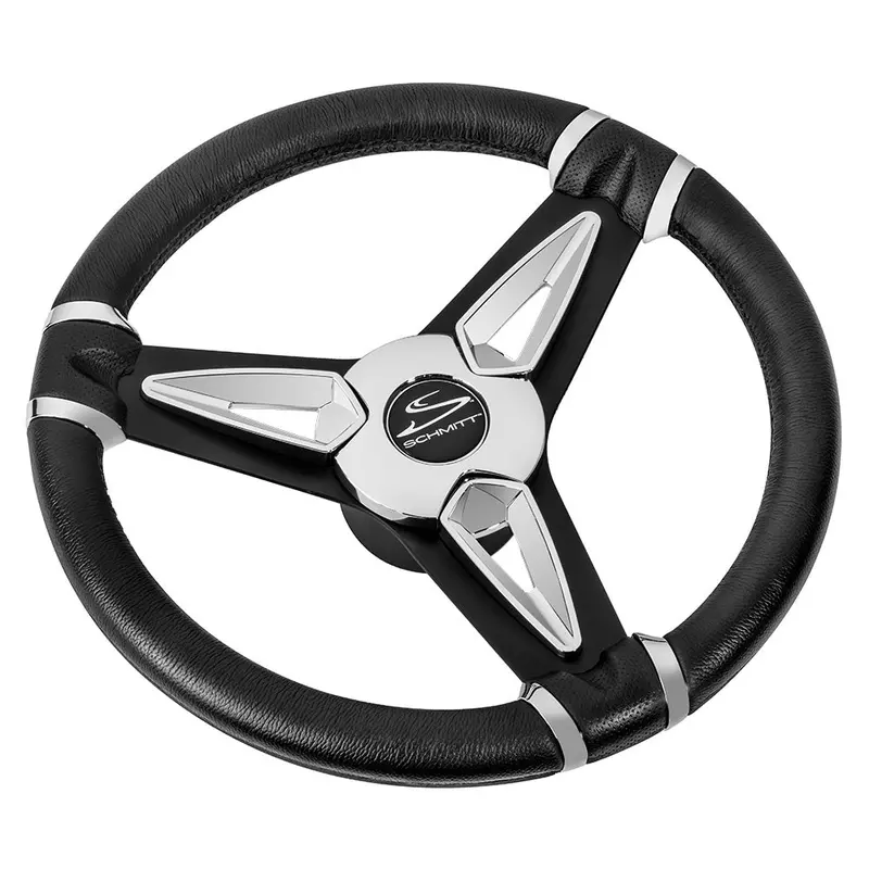 Schmitt Marine PU50 14-Inch Steering Wheel — Chrome Cap & Spoke Inserts, Black Spokes, 3/4-Inch Tapered Shaft [PU501404]