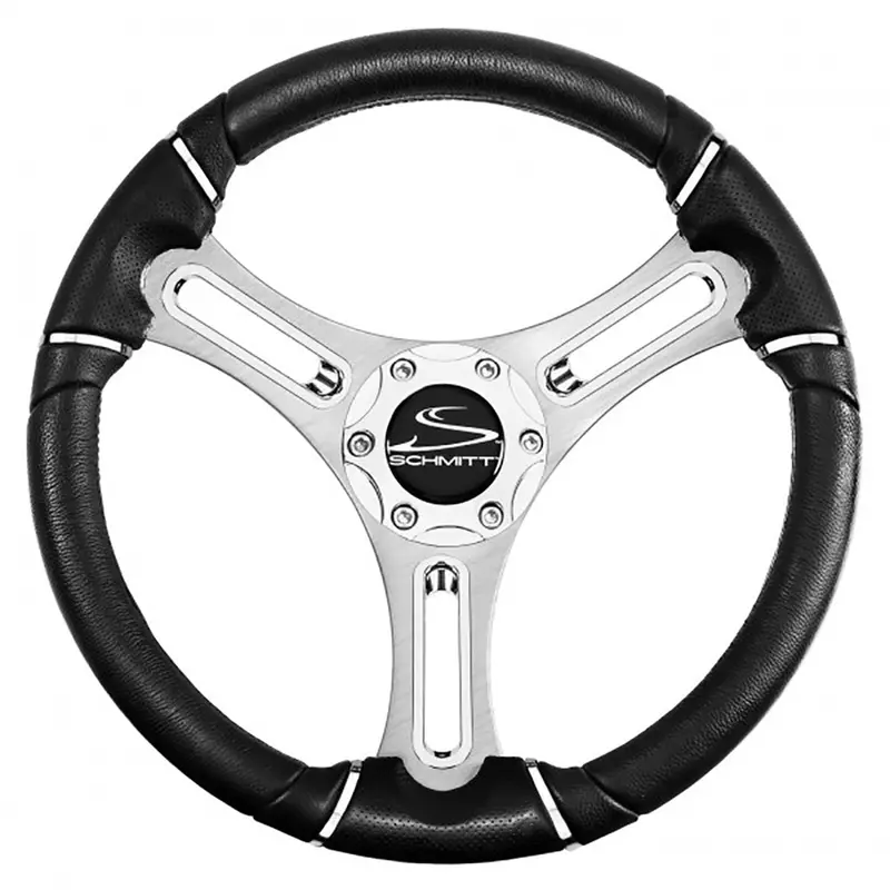 Schmitt Marine Torcello 14-Inch Steering Wheel — 04 Series, Chrome Trim & Cap, Brushed Stainless Spokes, 3/4-Inch Tapered Shaft [PU043144-12]