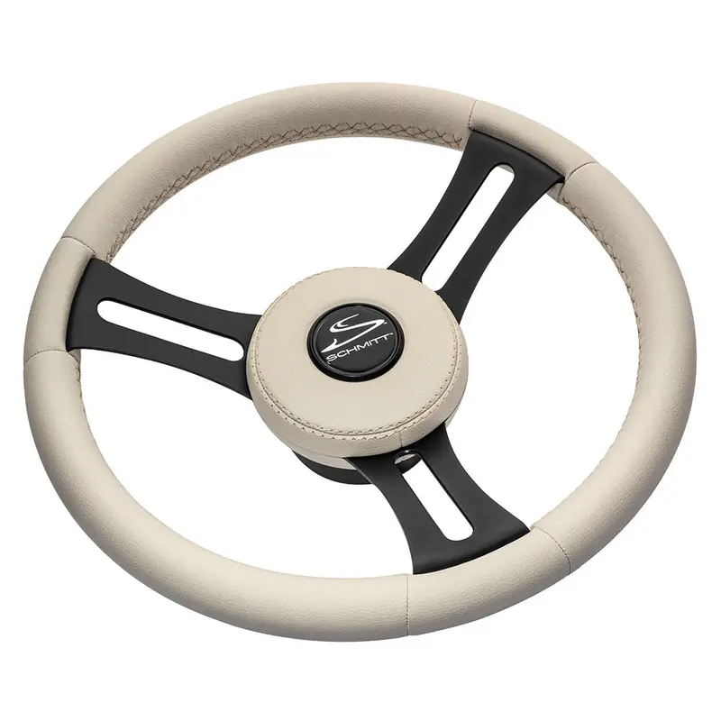 Schmitt Marine Torcello Elite 14-Inch Steering Wheel — Beige Leather Cap, White Stitching, Black Stainless Spokes, 3/4-Inch Tapered Shaft [PU081B11]