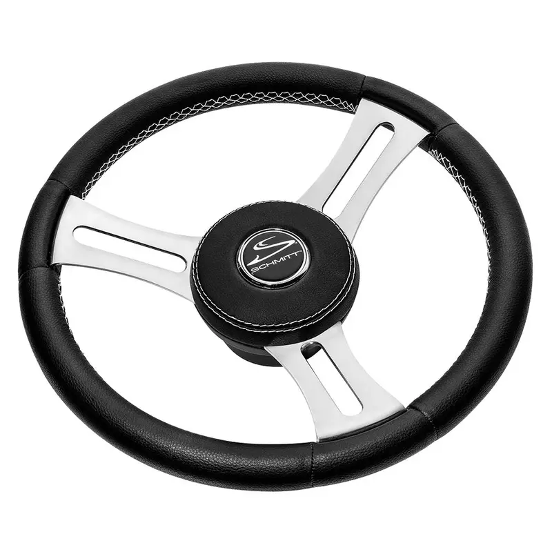 Schmitt Marine Torcello Elite 14-Inch Steering Wheel — Black Leather Cap, White Stitching, Polished Stainless Spokes, 3/4-Inch Tapered Shaft [PU085241]