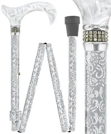 Scratch & Dent Graceful Lace Pattern Folding Cane – Rhinestone-Embellished Collar – Model V1779