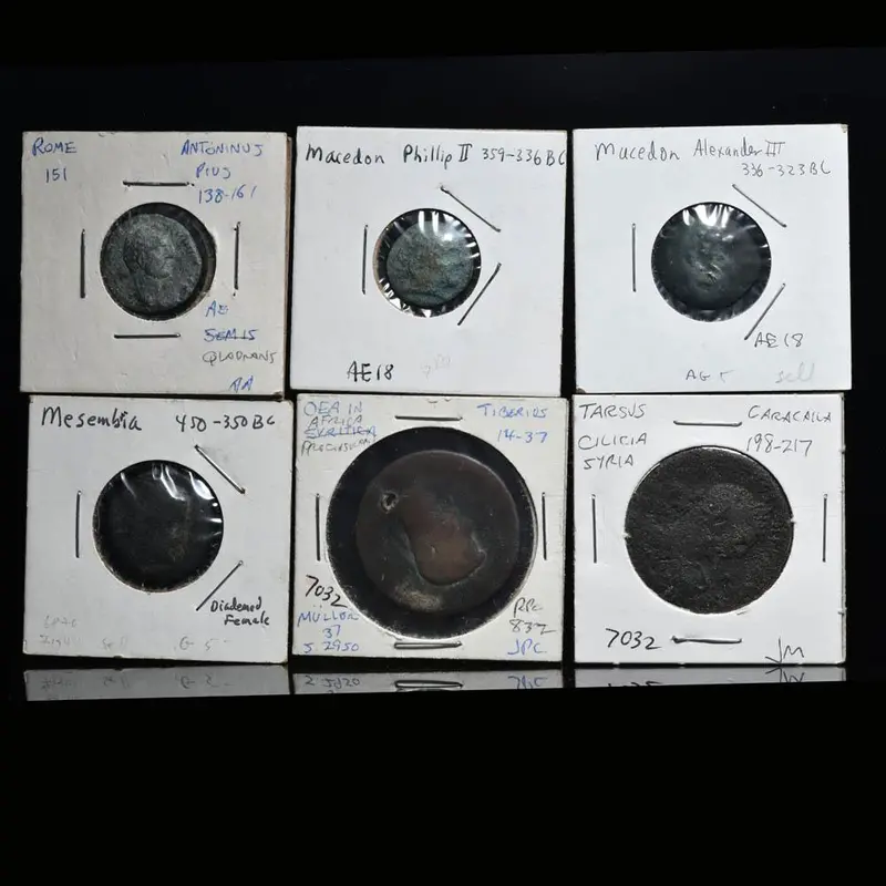 Set of Six Ancient Greek and Roman Bronze Coins, 450 BCE–217 CE