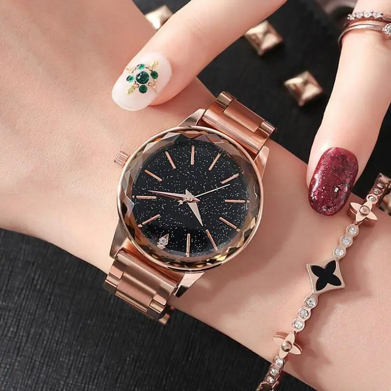 Starry Sky-Themed Stainless Steel Watch – Night Glow Dial & Band