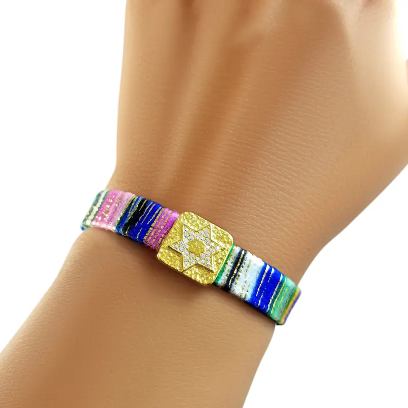Tribal-Style Jewish Star Bracelet with Hand-Strung Blue Beads